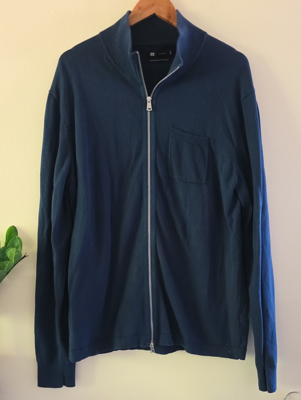 Le31 For Simons Men's Oragnic Cotton Zip Up Mockneck Knit Sweater - Teal Blue XL